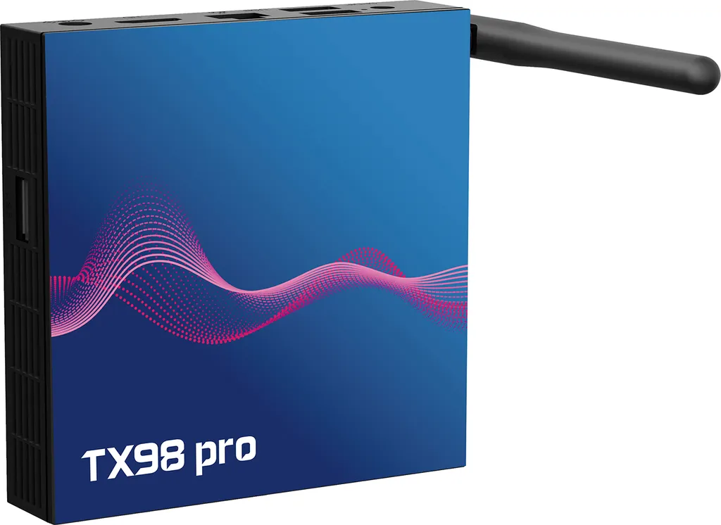 TX98 pro TV-Box in Blau und Schwarz mit Antenne und Wellenmuster.