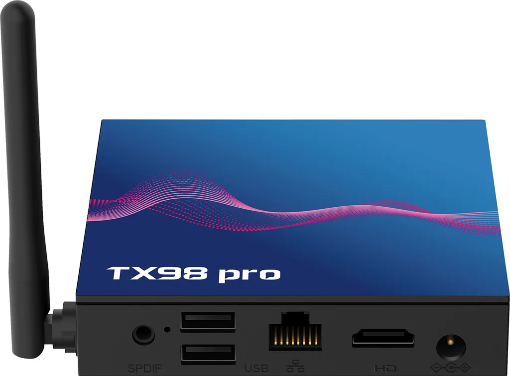 TX98 Pro TV-Box mit blauer Welle oben, Antenne links und Anschlüssen vorne.