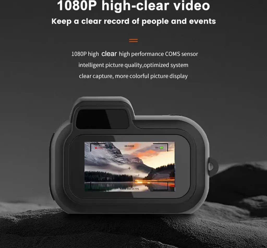 Eine kleine schwarze Action-Kamera zeigt ein Landschaftsvideo auf dem Display vor dunklem Hintergrund.
