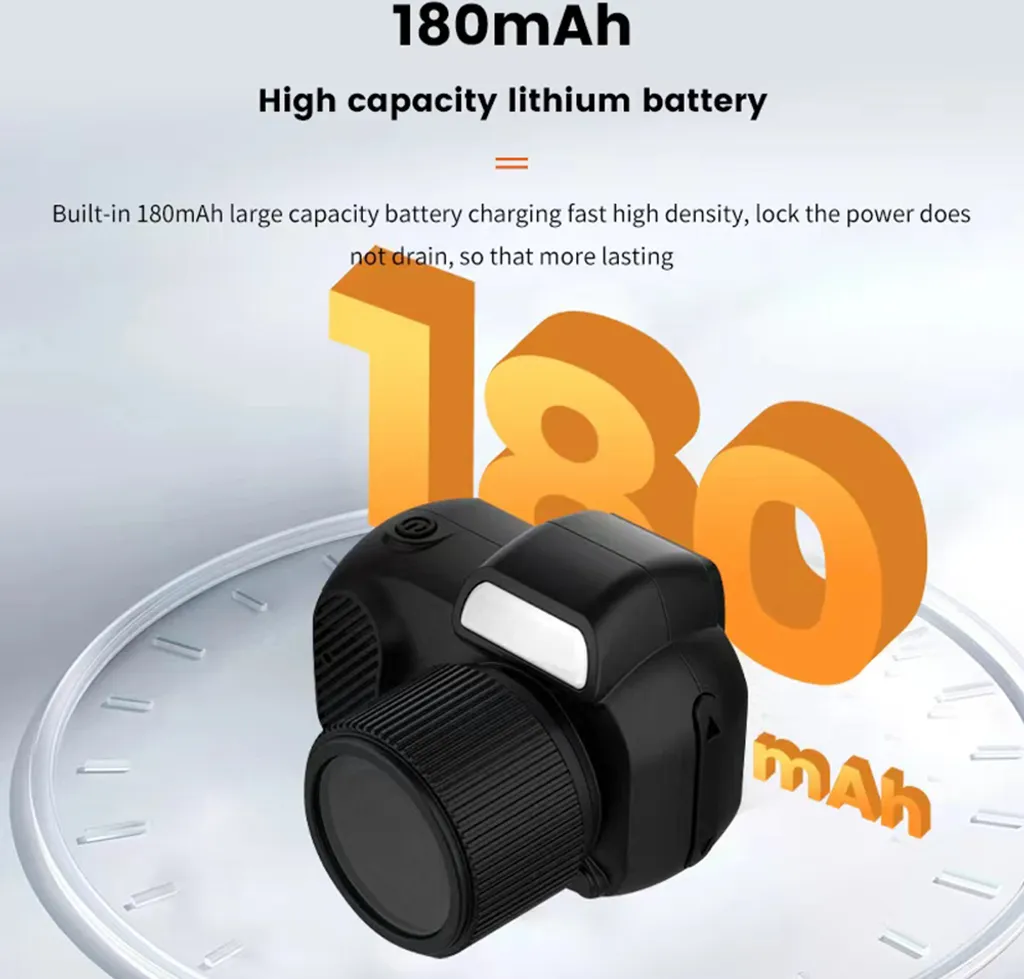 Schwarze Mini-Kamera auf einer Uhr mit orangen 180mAh-Zahlen im Hintergrund.