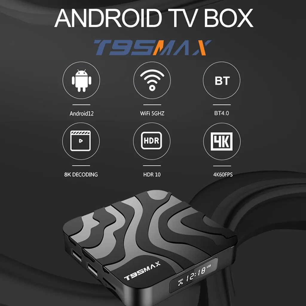 Android TV Box T95MAX mit Symbolen für Android 12, WLAN, BT 4.0, 8K, HDR 10 und 4K auf schwarzem Hintergrund.