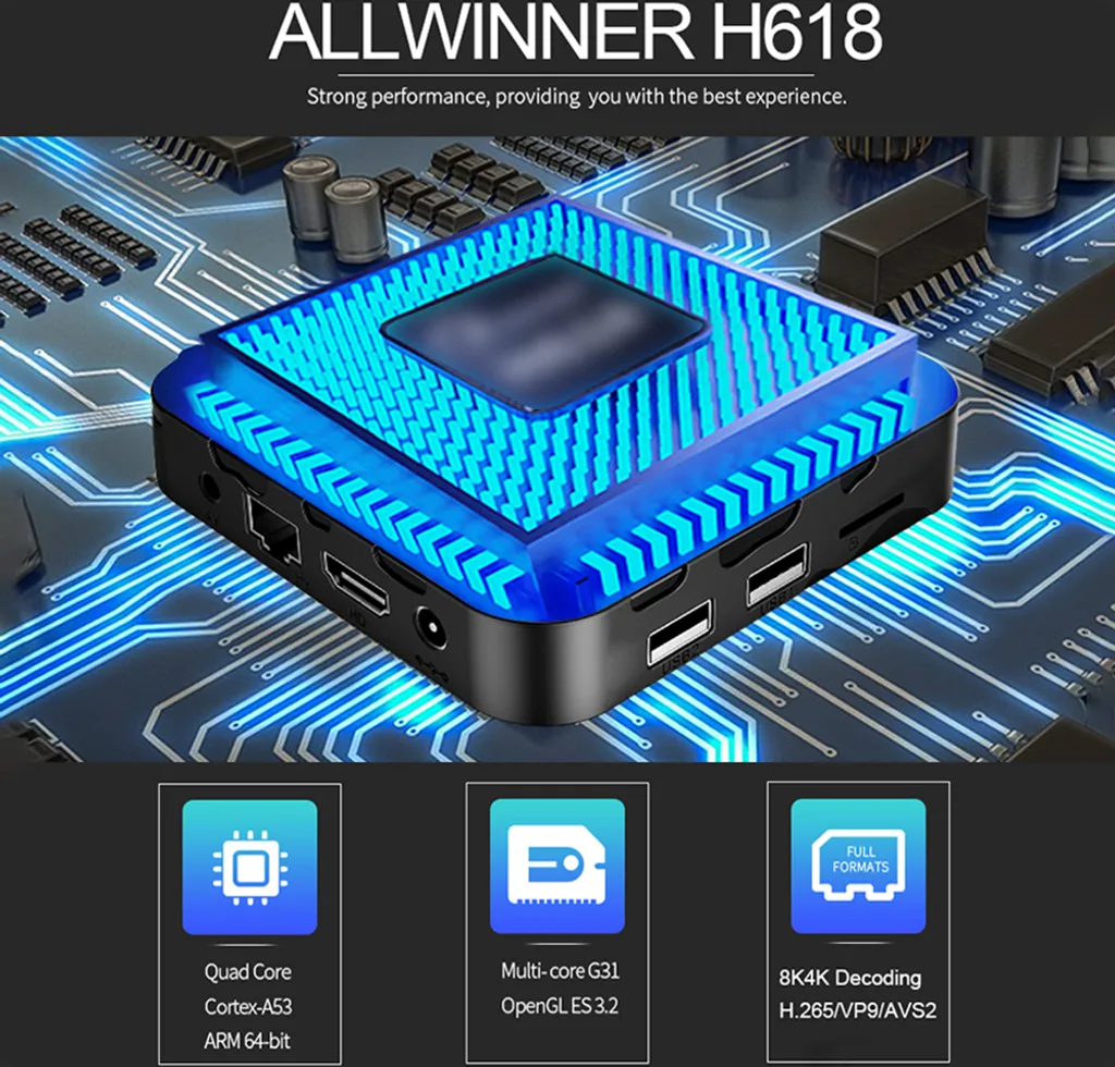 Allwinner H618 Mikroprozessor auf einer beleuchteten Leiterplatte mit technischen Details unten.