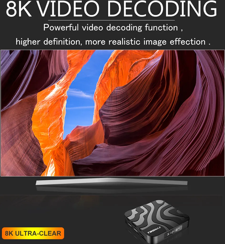 Ein 8K-Fernseher zeigt eine Schlucht, mit einer TV-Box im Vordergrund und Text.