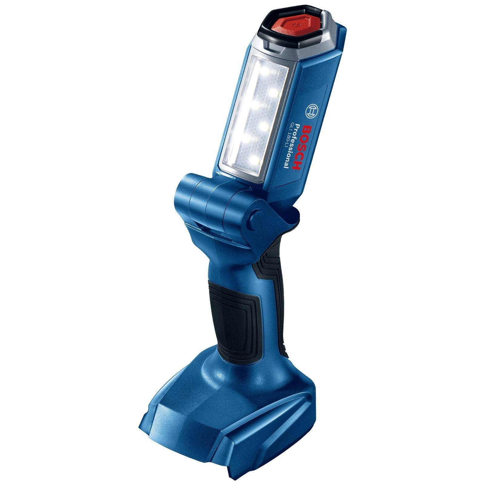 Eine blaue Bosch Professional Akku-Arbeitsleuchte mit leuchtenden LEDs auf weißem Hintergrund.