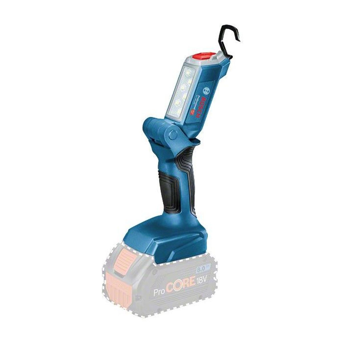 Blaue Bosch Akku-Arbeitsleuchte mit ProCore 18V-Batterie und Haken.