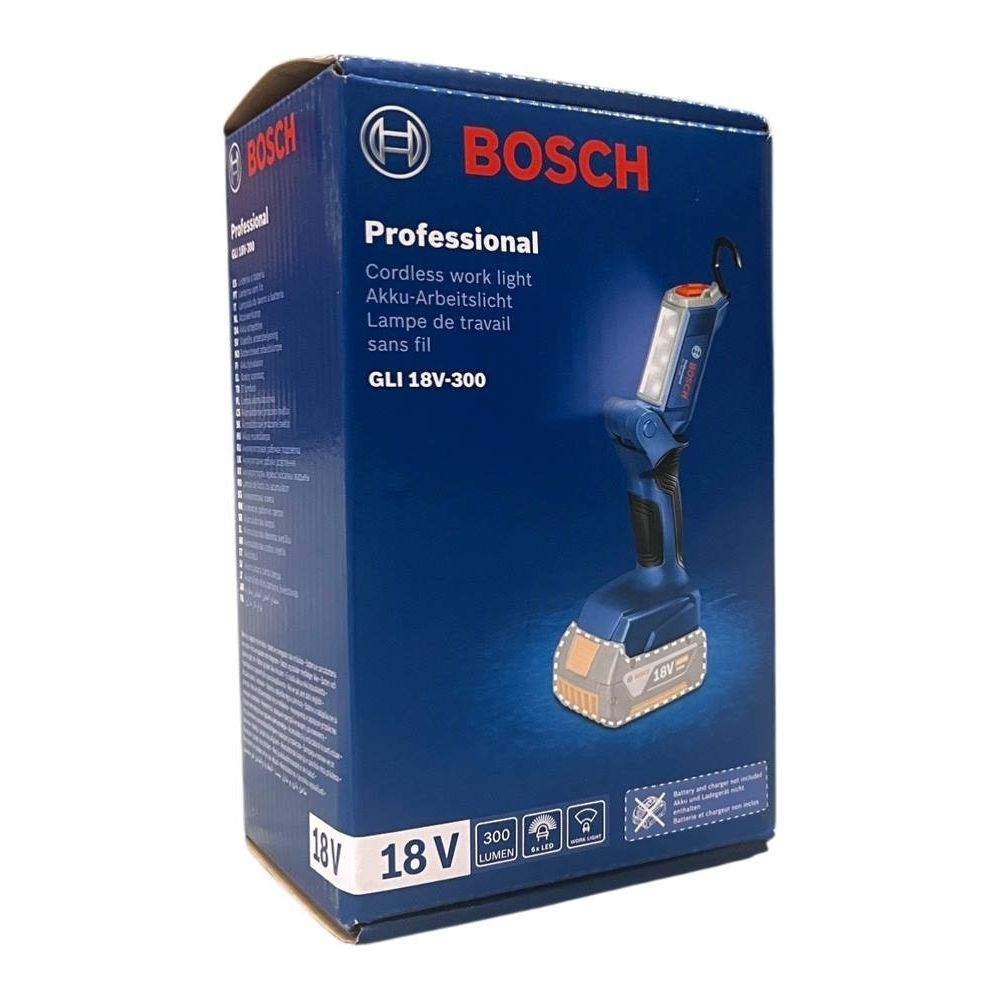 Blaue Bosch Professional GLI 18V-300 Akku-Arbeitslicht Verpackung.