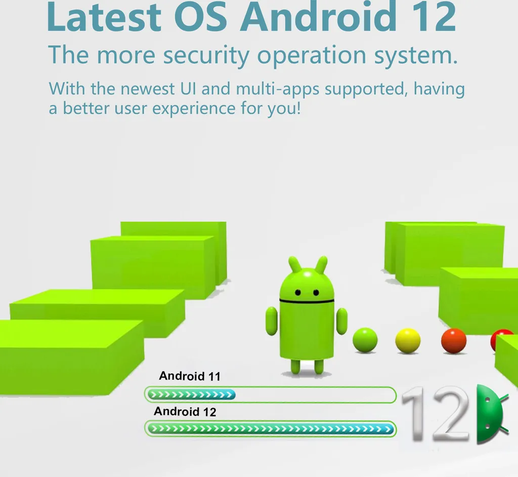 Android 12 Werbung mit grünem Android-Maskottchen, Blöcken und Text über ein sicheres Betriebssystem.