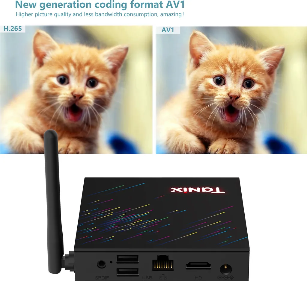 Vergleich zweier Katzenbilder über einer schwarzen TV-Box mit Antenne und bunten Linien.