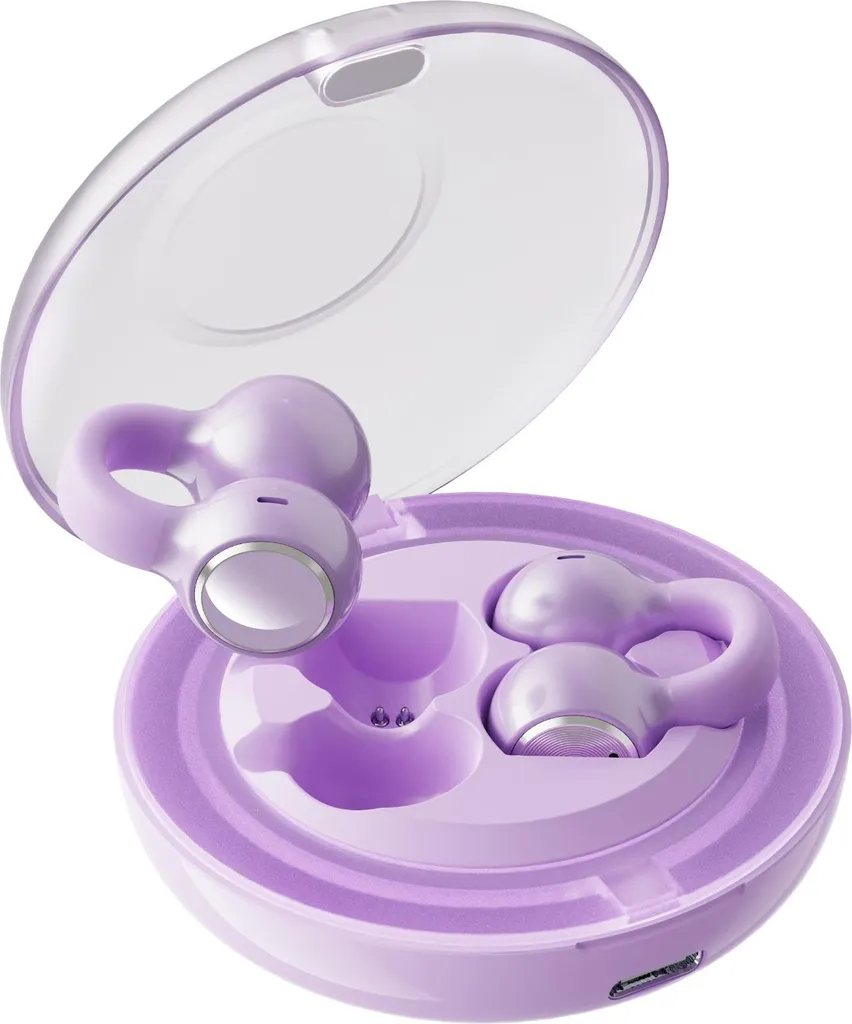 Ein rundes, hellviolettes Ladecase mit geöffnetem klarem Deckel und passenden kabellosen Ohrhörern im Inneren.