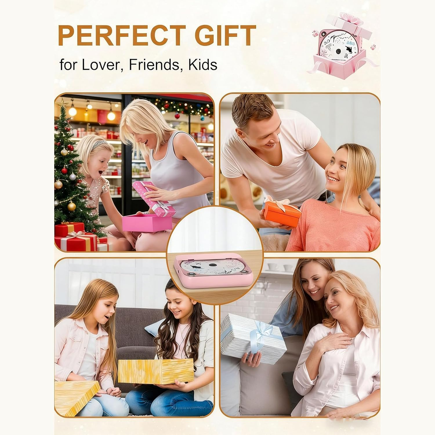 Collage zeigt Menschen jeden Alters, die sich gegenseitig Geschenke überreichen und glücklich aussehen.