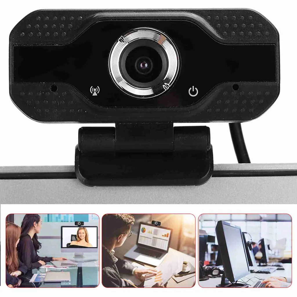 Schwarze Webcam mit integriertem Mikrofon montiert auf einem Monitor, darunter drei kleine Nutzungsszenen.
