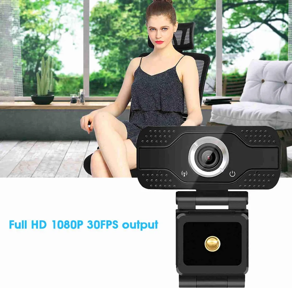 Eine schwarze Full HD 1080p Webcam vor einer Frau in einem Raum.