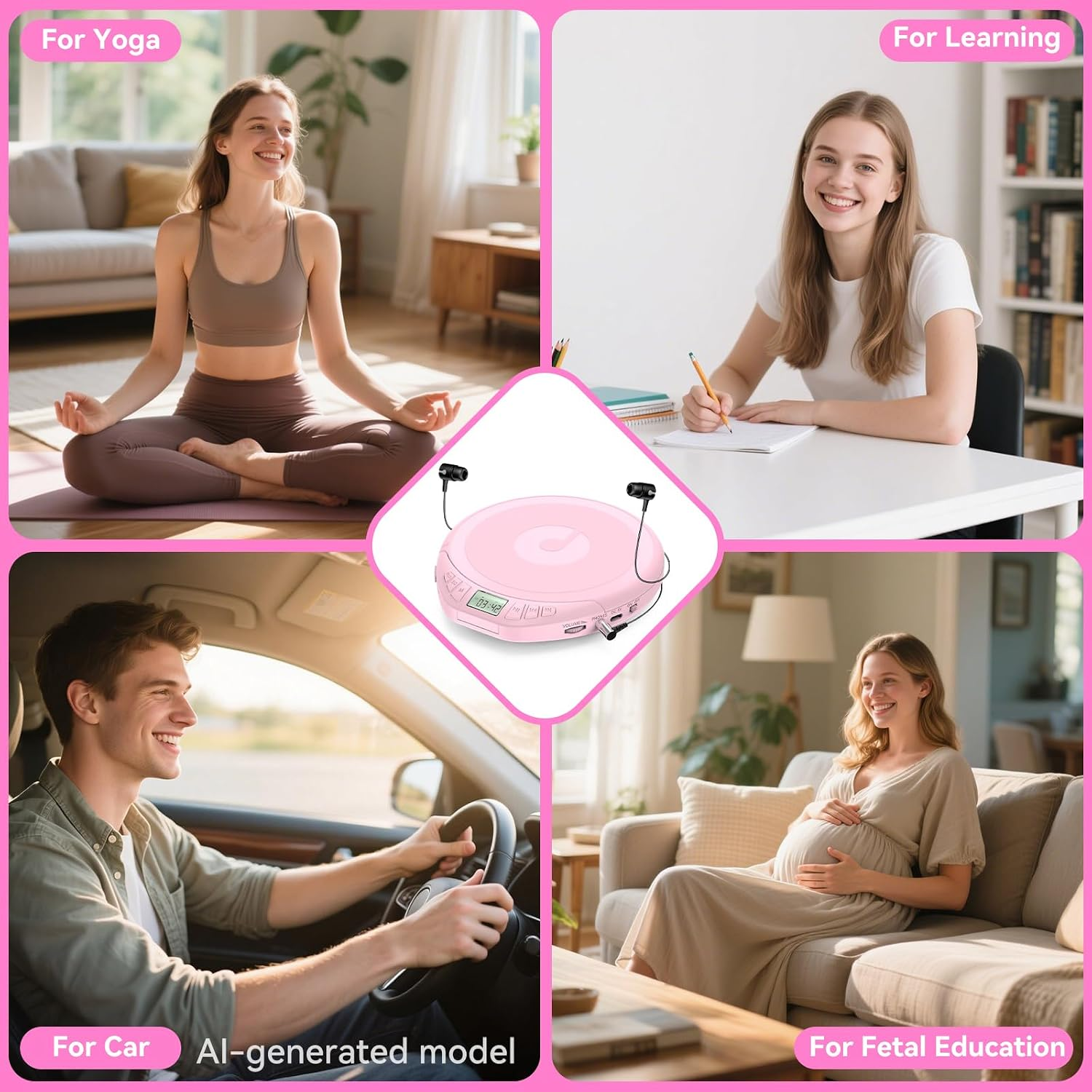 Collage mit einem rosa tragbaren CD-Player in der Mitte, umgeben von Personen beim Yoga, Lernen, Autofahren und Entspannen.