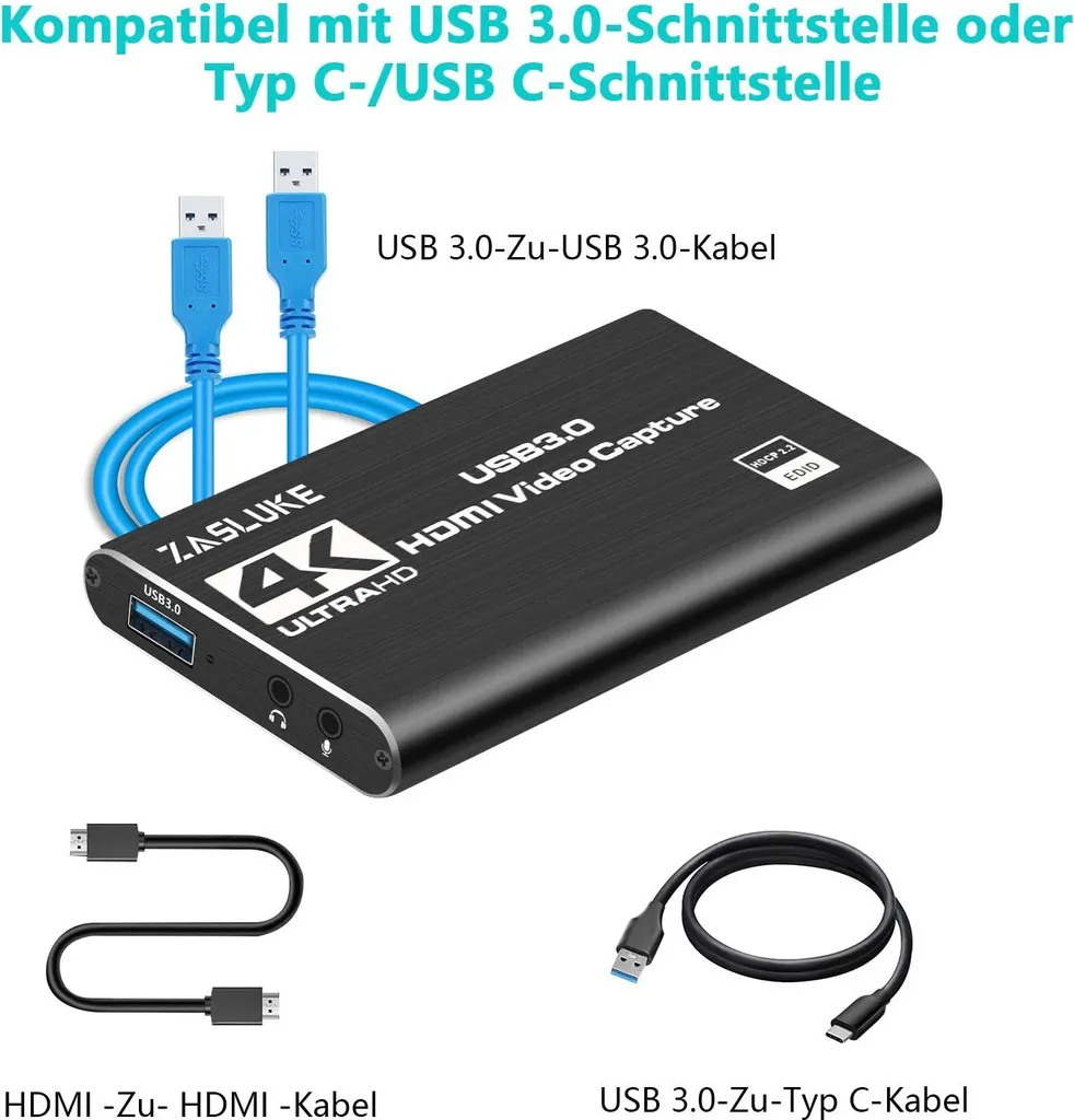 Schwarze 4K-HDMI-Videoaufnahmekarte mit blauem USB-Kabel, schwarzem HDMI-Kabel und USB-C-Kabel.