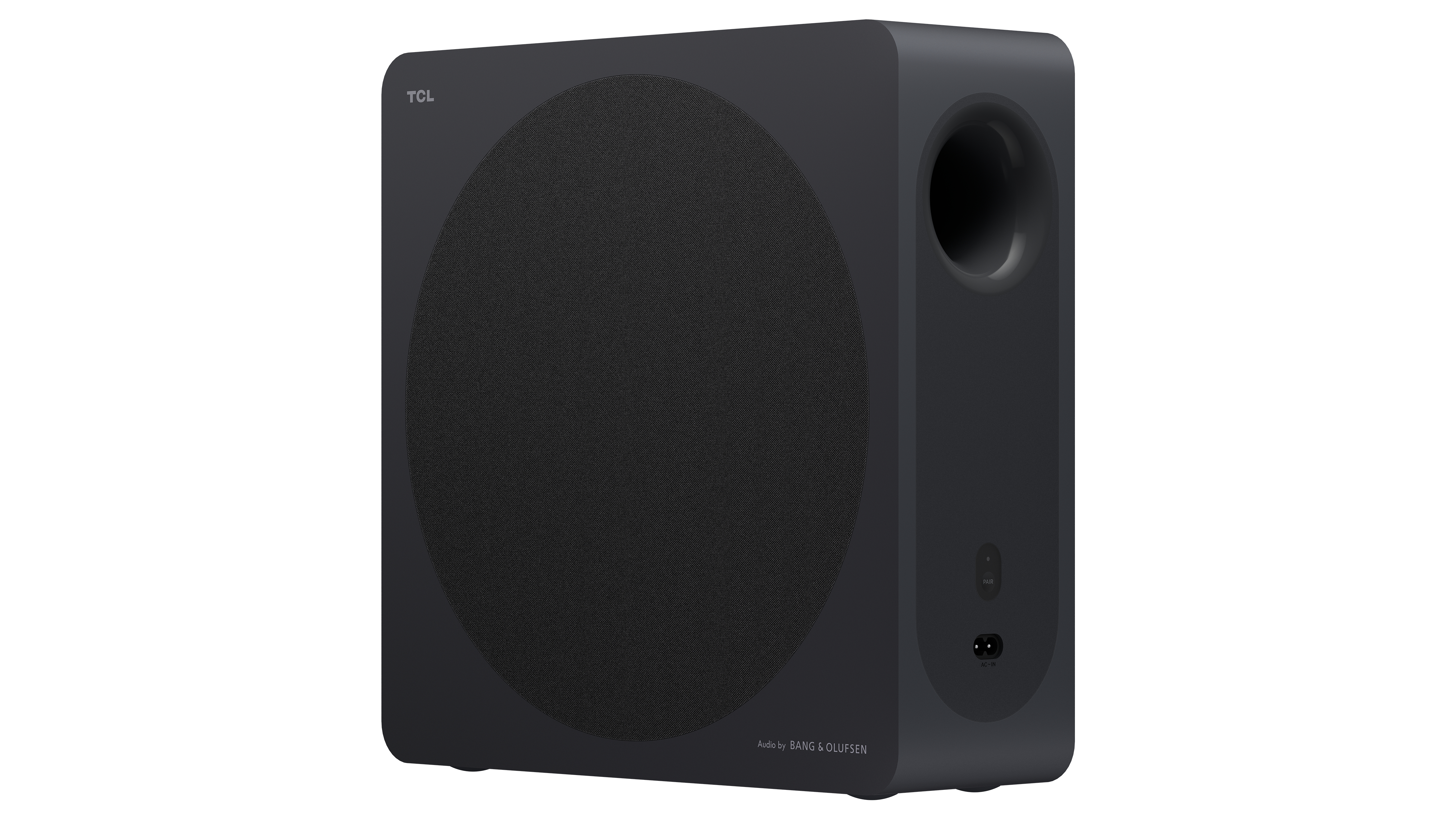 Un subwoofer negro de TCL con una rejilla de altavoz grande y un puerto redondo.