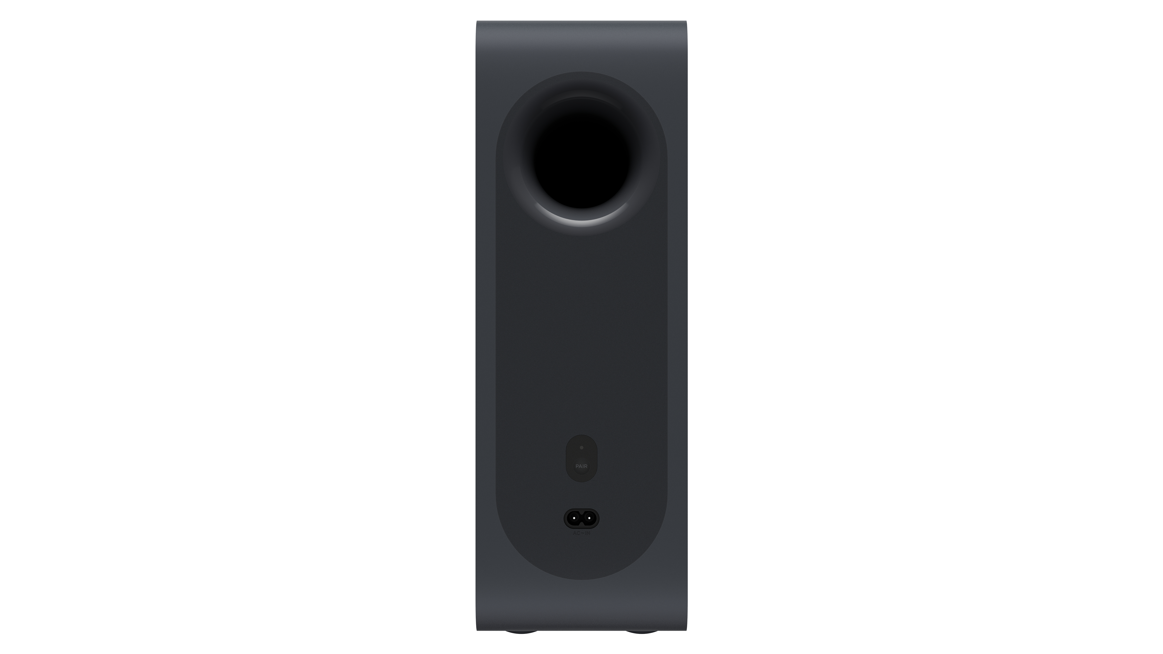 Un subwoofer negro y elegante con un puerto redondo arriba y conexiones abajo sobre un fondo blanco.