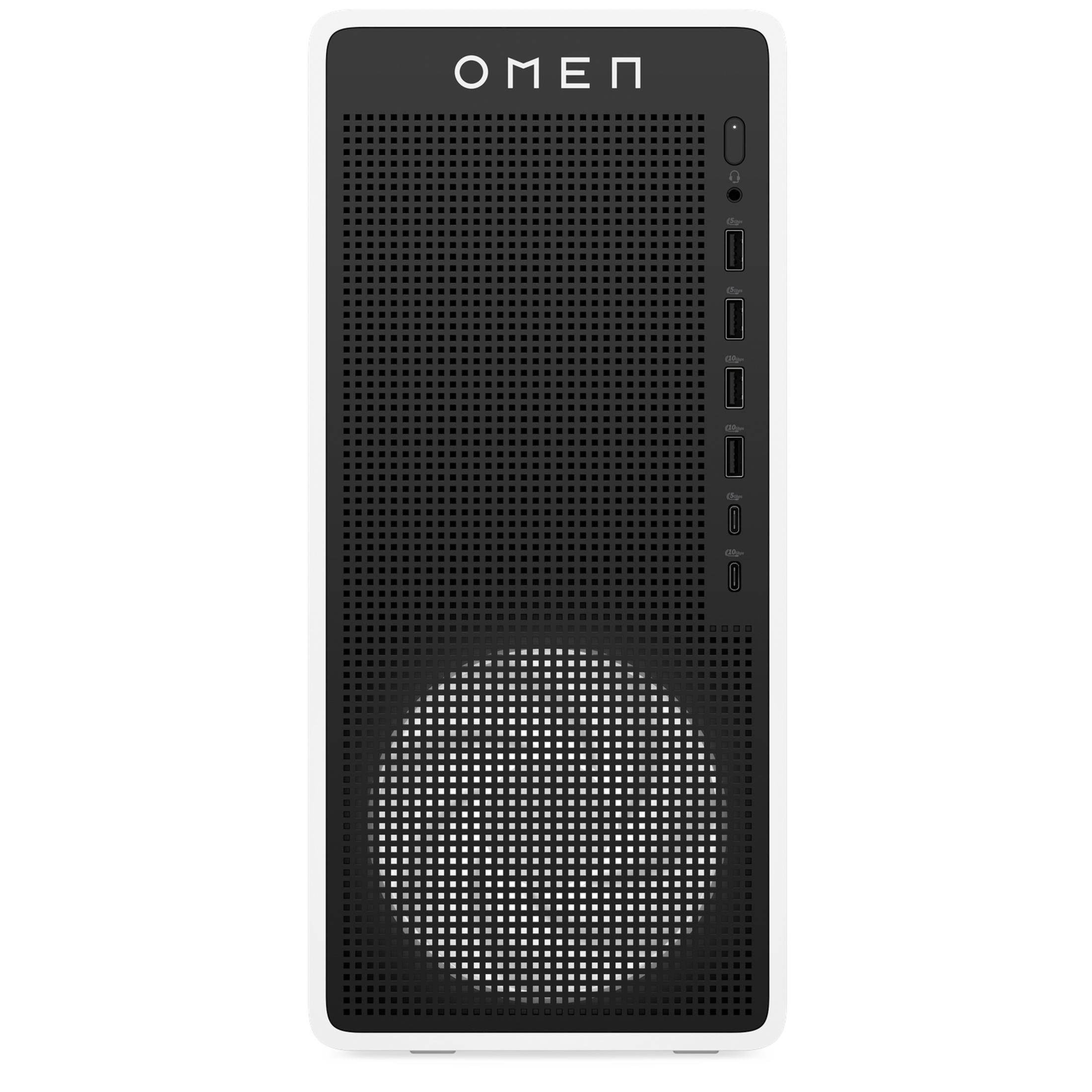 Vooraanzicht van een witte HP Omen desktop-pc met een zwarte grille, Omen-logo en verticale poorten.