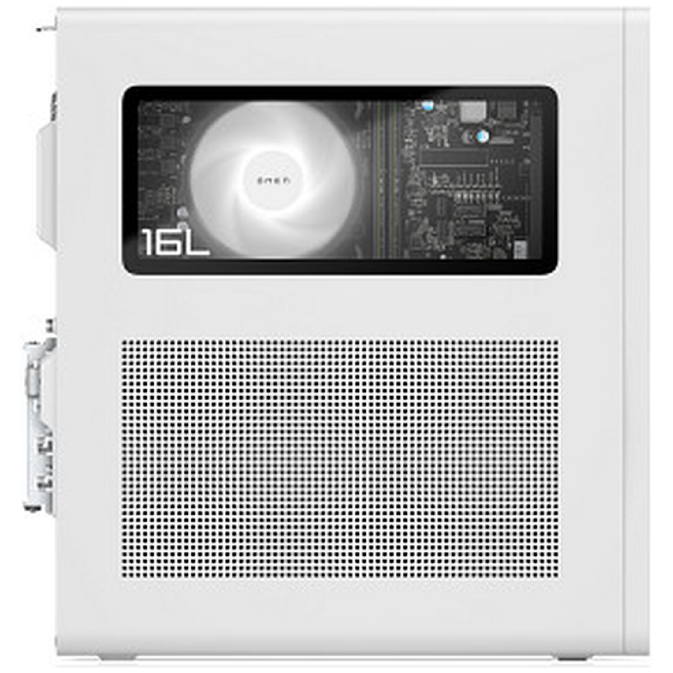 Witte pc-behuizing met zijraam dat een verlichte ventilator en onderdelen toont, met rooster onderaan.