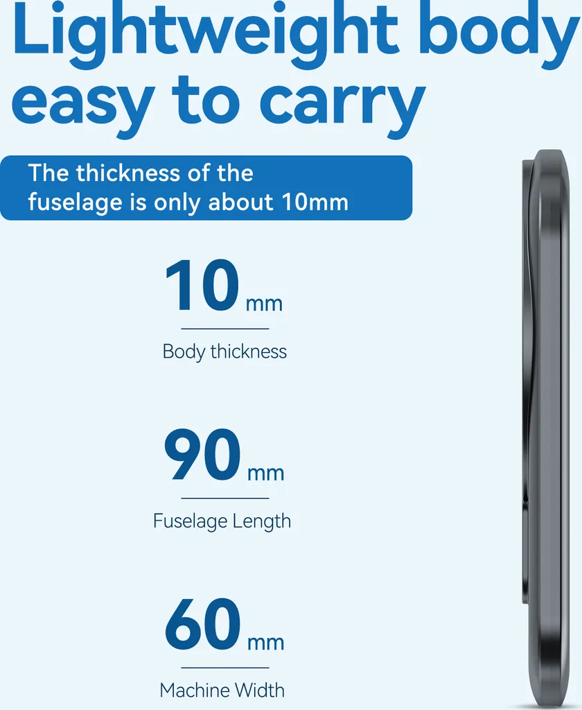 Eine Infografik mit Abmessungen: 10 mm Dicke, 90 mm Länge und 60 mm Breite eines Geräts.
