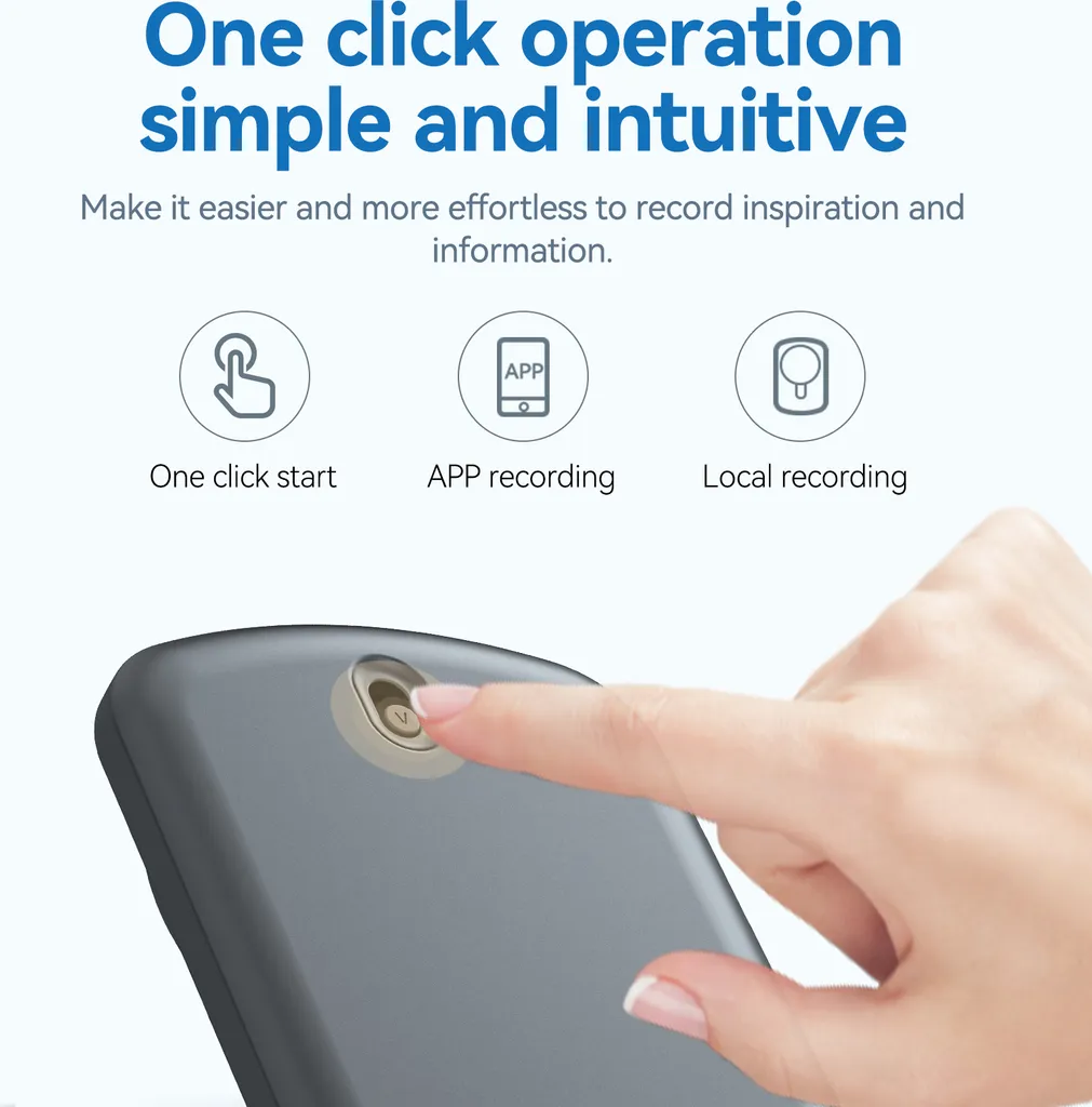 Hand drückt Knopf auf grauem Gerät mit Symbolen für Ein-Klick-Start, App- und lokale Aufnahme.