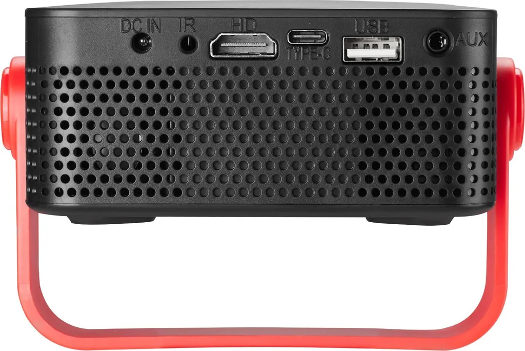 Rückseite eines schwarzen Geräts mit DC-In-, IR-, HDMI-, USB-C-, USB- und AUX-Anschlüssen, auf rotem Haltebügel.
