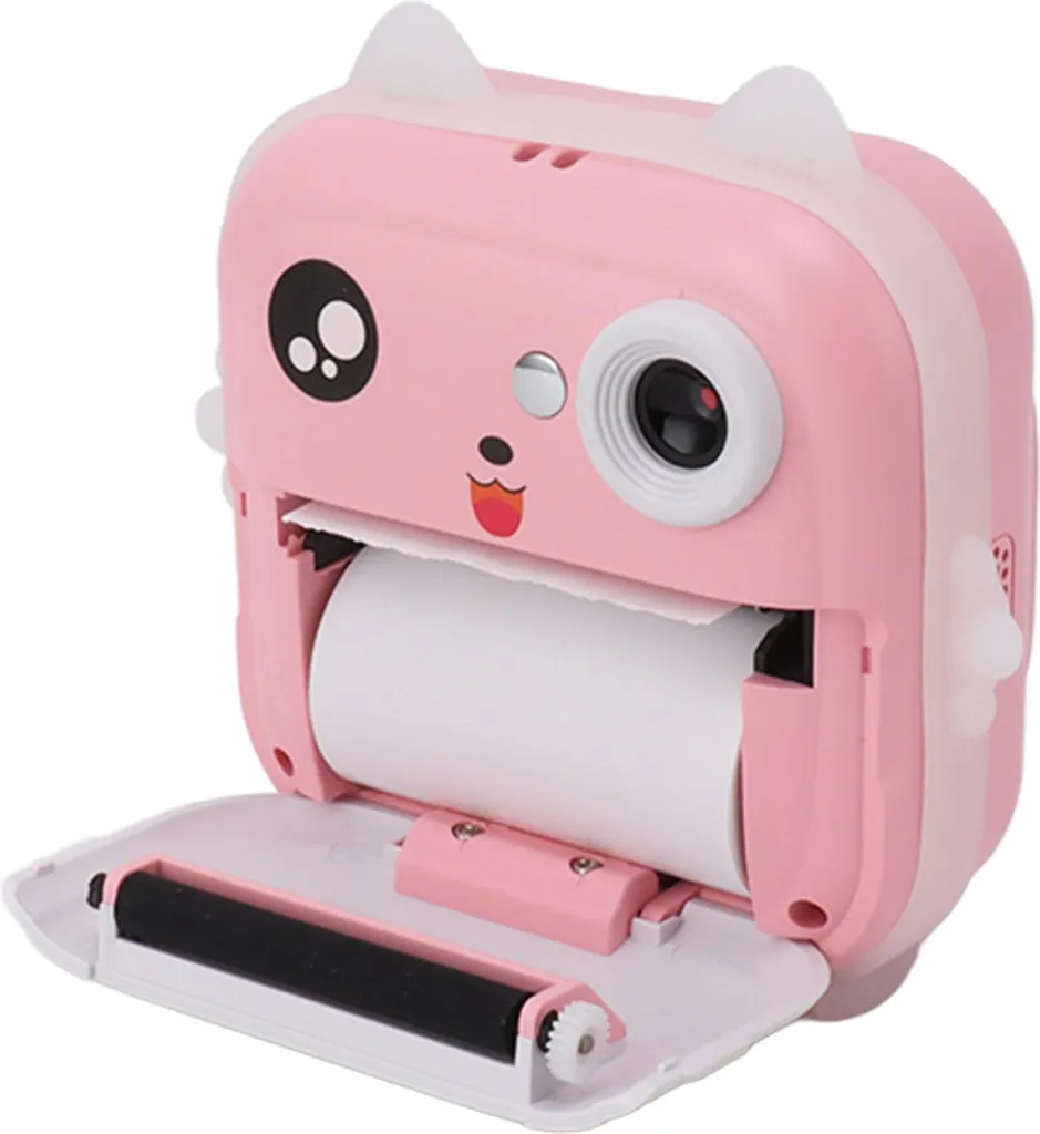 Rosa, katzenförmiger Minidrucker mit offenem Papierfach und einer Rolle weißem Thermopapier.