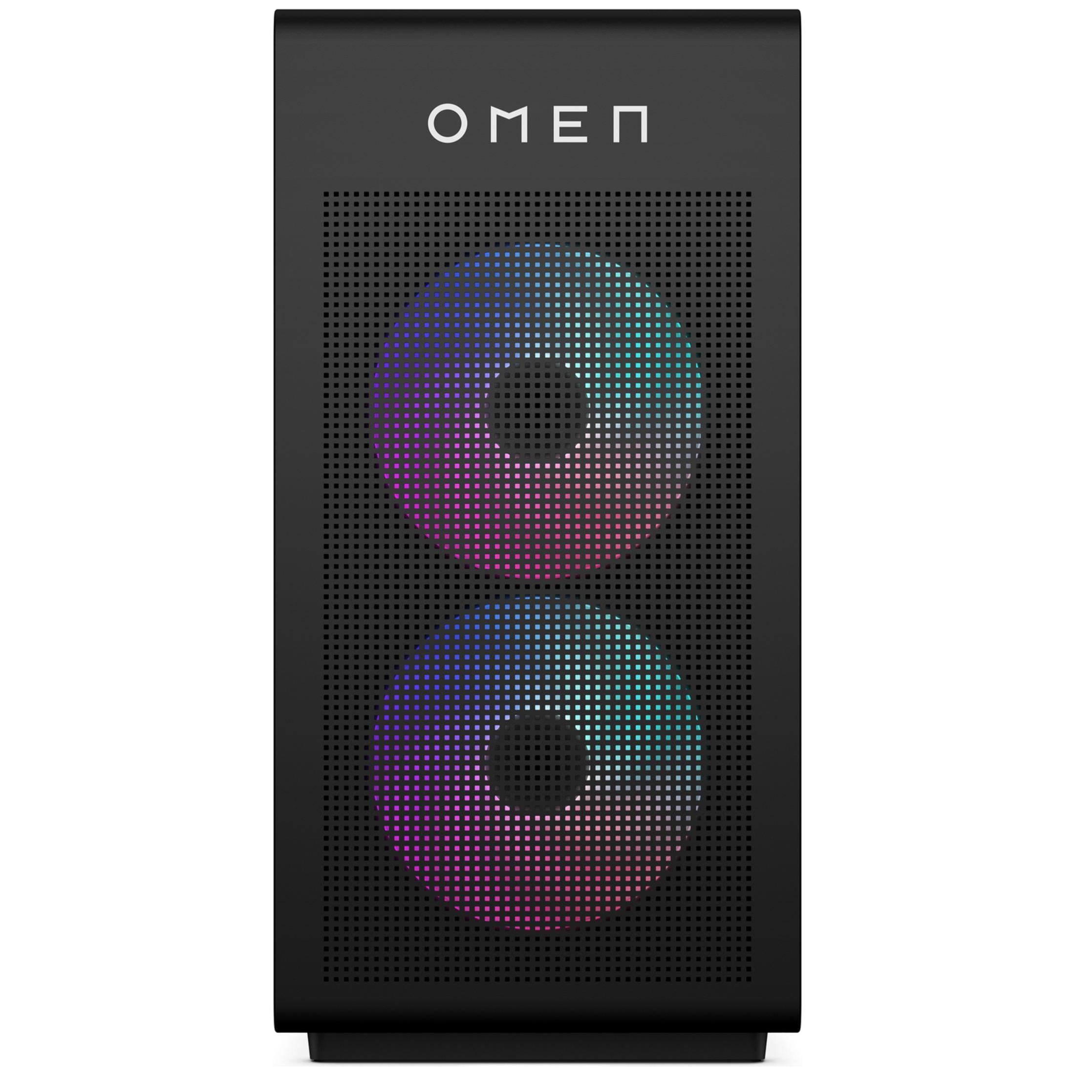 Vooraanzicht van een zwarte HP Omen desktop met twee verlichte RGB-ventilatoren achter een rooster en wit logo.
