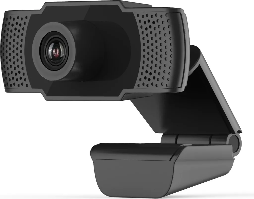 Eine schwarze Computer-Webcam mit zentraler Linse und flexiblem Halteclip vor weißem Hintergrund.