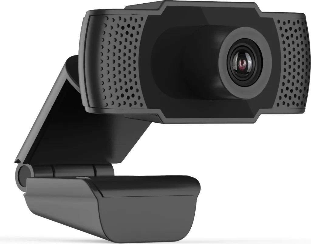 Eine schwarze Webcam mit einem verstellbaren Standfuß und Lautsprechergittern an den Seiten.