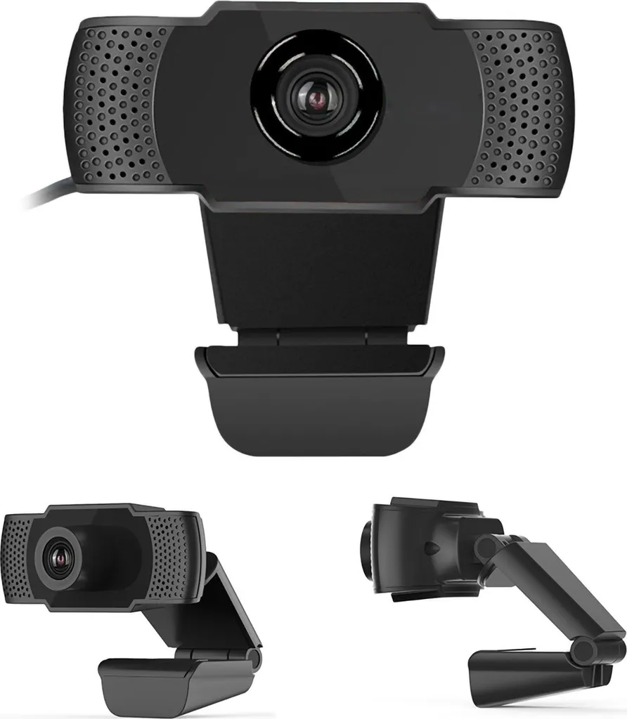 Schwarze USB-Webcam mit zentraler Linse, integrierten Mikrofonen und verstellbarem Standfuß aus drei Blickwinkeln.