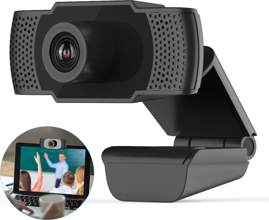 Schwarze Webcam mit Clip-Halterung und integriertem Bild einer Videokonferenz.