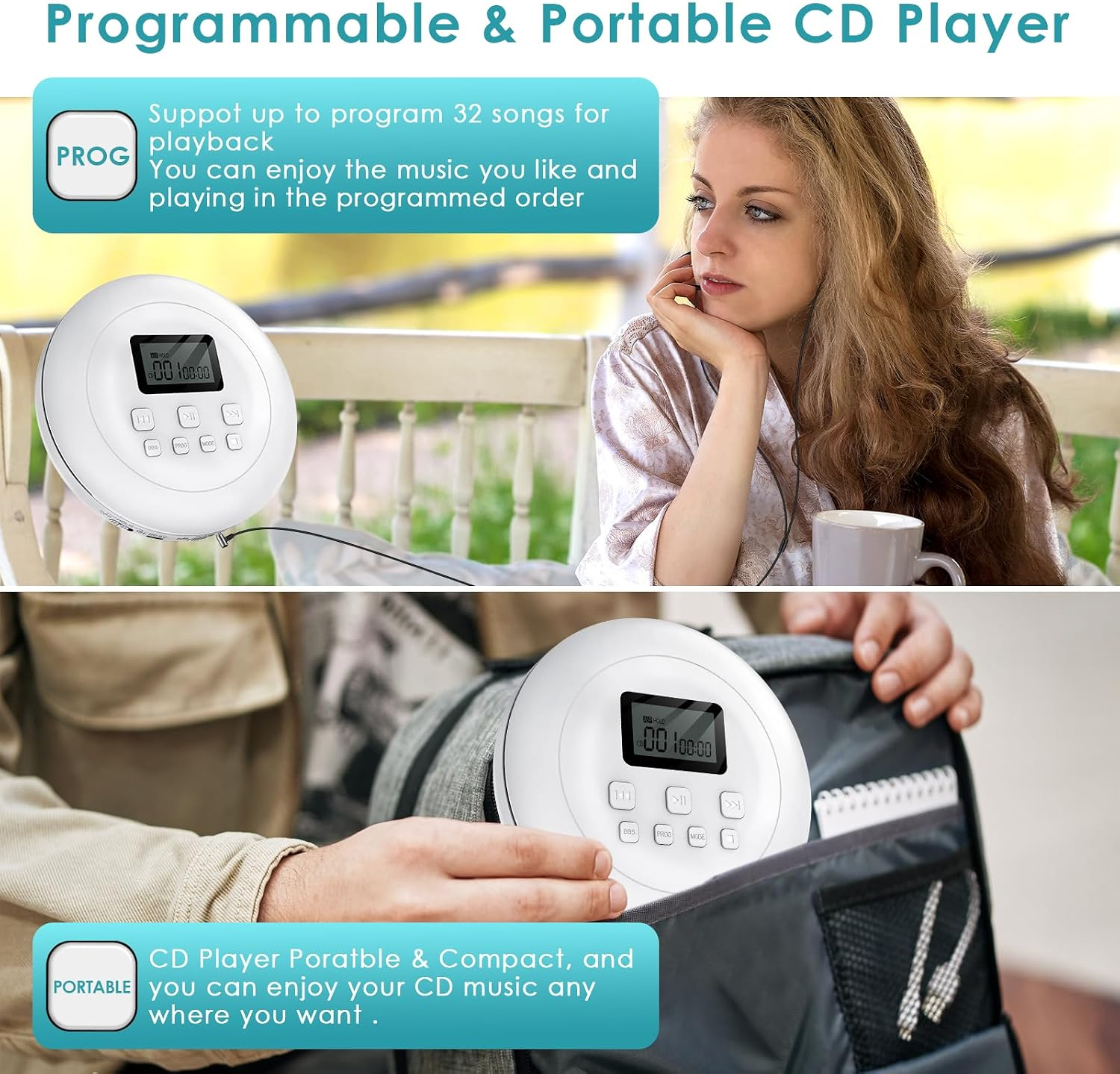 Eine Frau hört Musik über einen weißen, tragbaren CD-Player mit Kopfhörern.