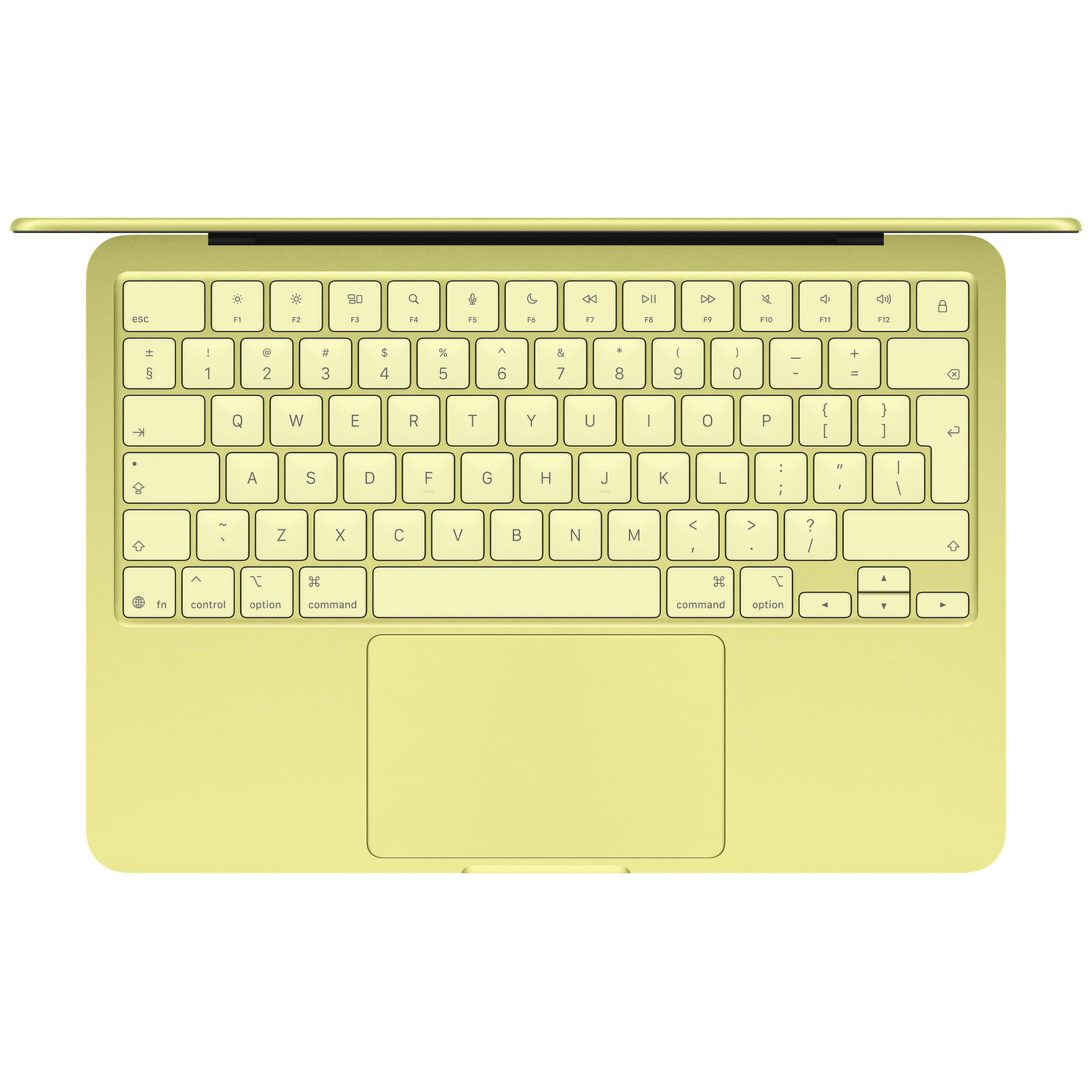 A top-down view of a light yellow laptop keyboard with a matching trackpad below.