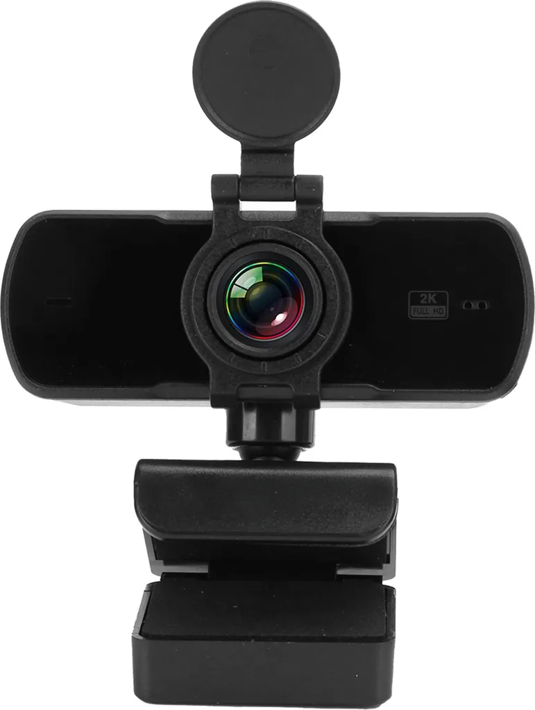 Schwarze 2K-Webcam mit montierter Standhalterung und geöffneter runder Objektivabdeckung auf weißem Hintergrund.