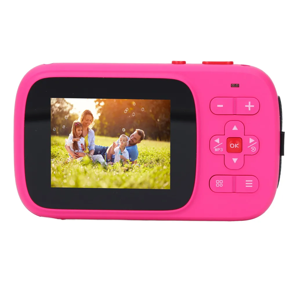 Eine rosa Kinder-Digitalkamera mit einem Familienfoto auf dem Bildschirm und Steuertasten rechts.