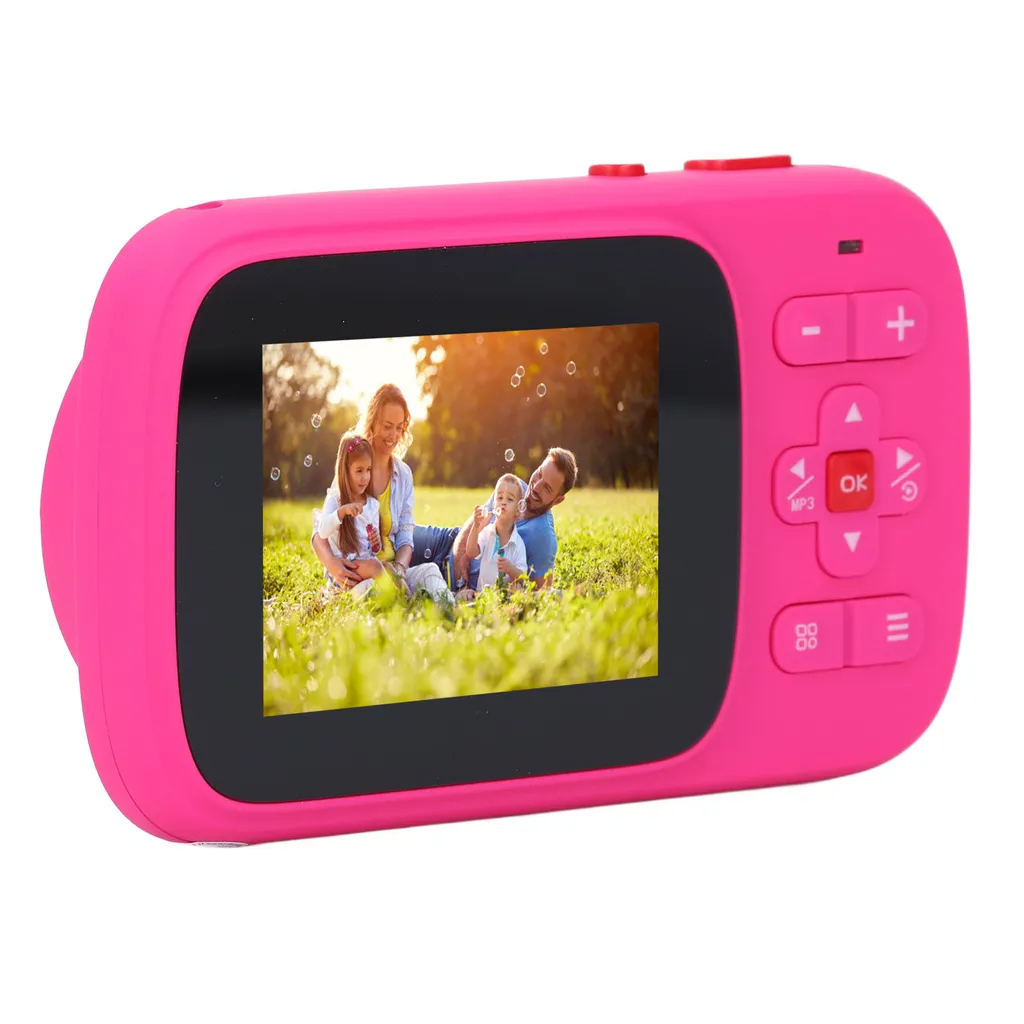 Eine rosa Kinderkamera mit Bildschirm, die eine Familie auf einer Wiese im Display zeigt.