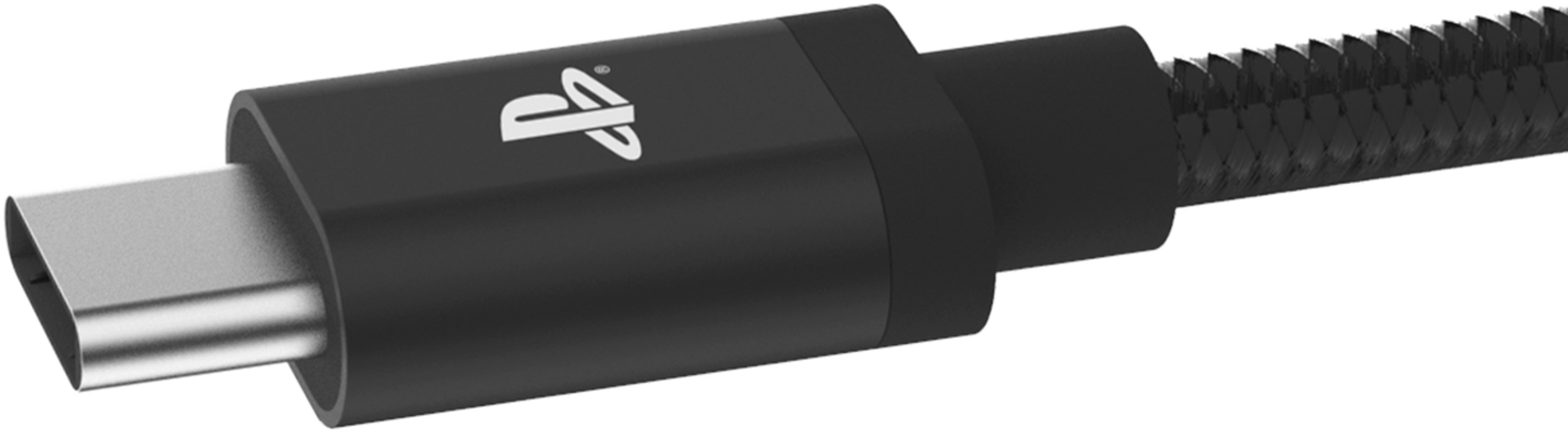 Ein schwarzes USB-C-Kabel mit PlayStation-Logo auf dem Stecker.
