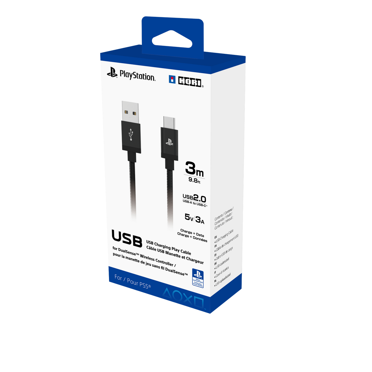 PlayStation 5 USB-Ladekabel von Hori in einer weiß-blauen Verpackung.
