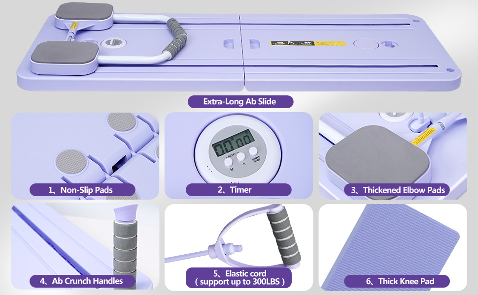 Tabla de ejercicios abdominales morada con características destacadas como temporizador, asas y almohadillas.