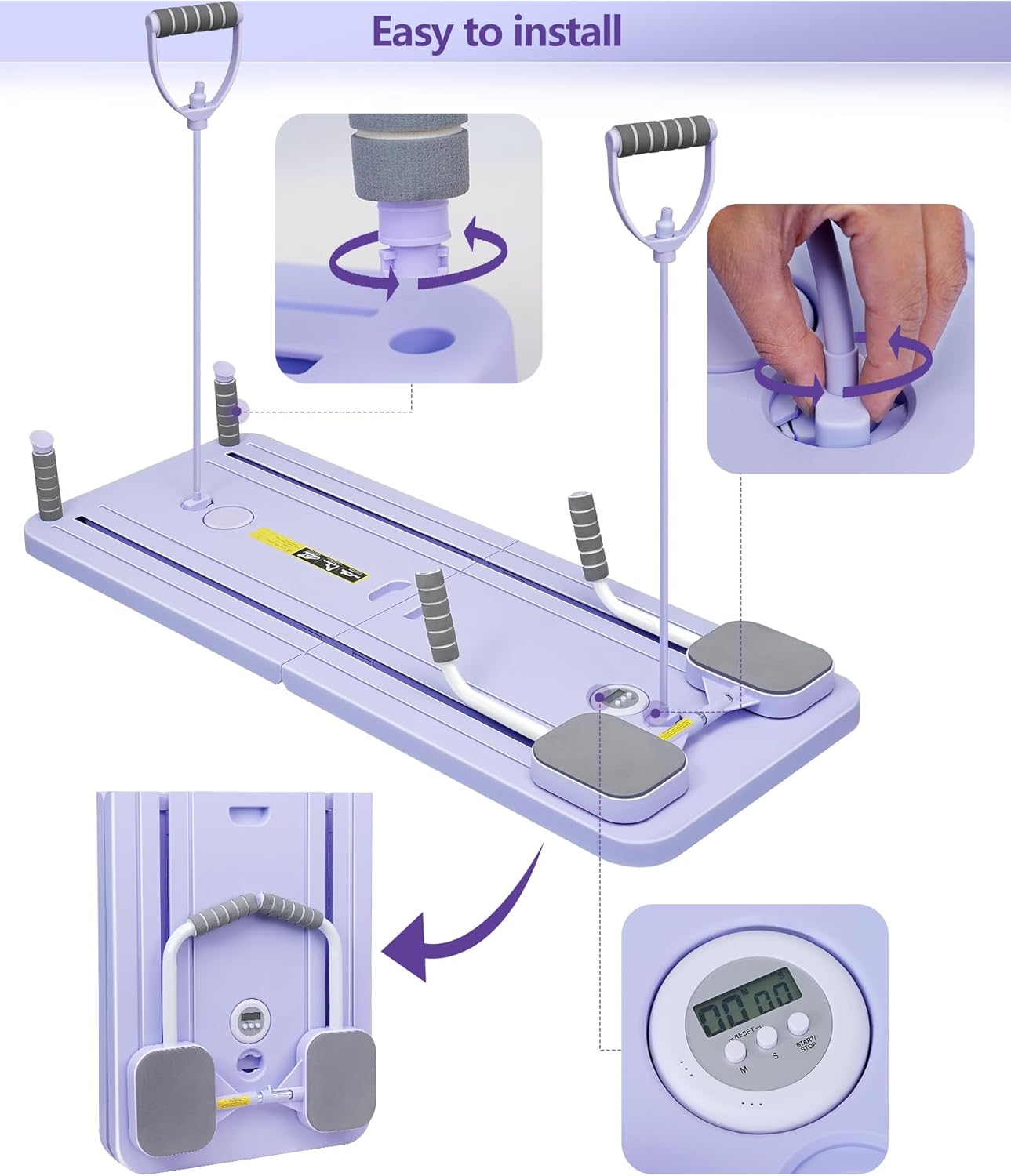 El diagrama muestra la fácil instalación de una tabla de fitness morada con asas y pantalla.