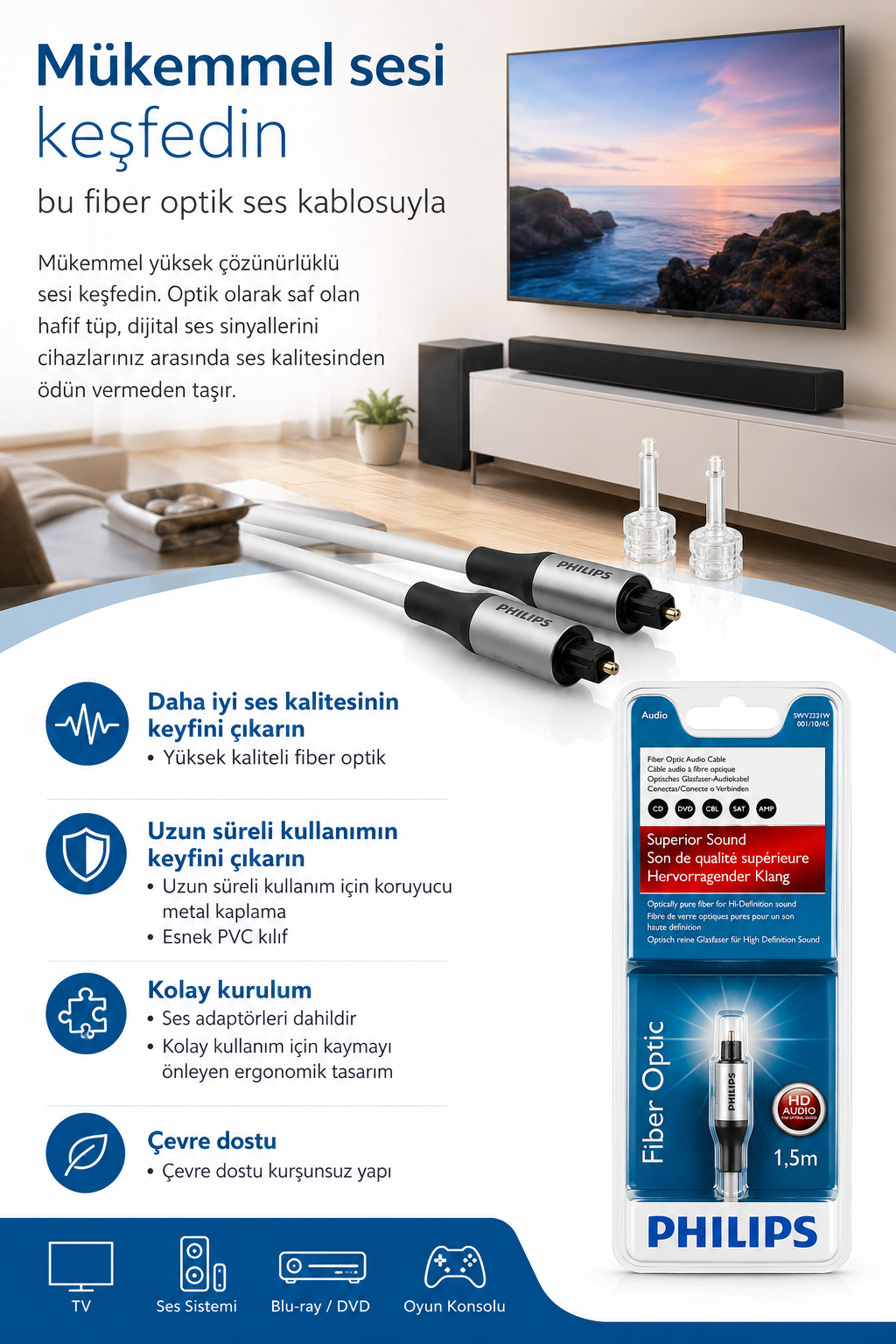 Gümüş konnektörlü Philips fiber optik ses kablosu, ürün ambalajı ve tanıtım yazıları.