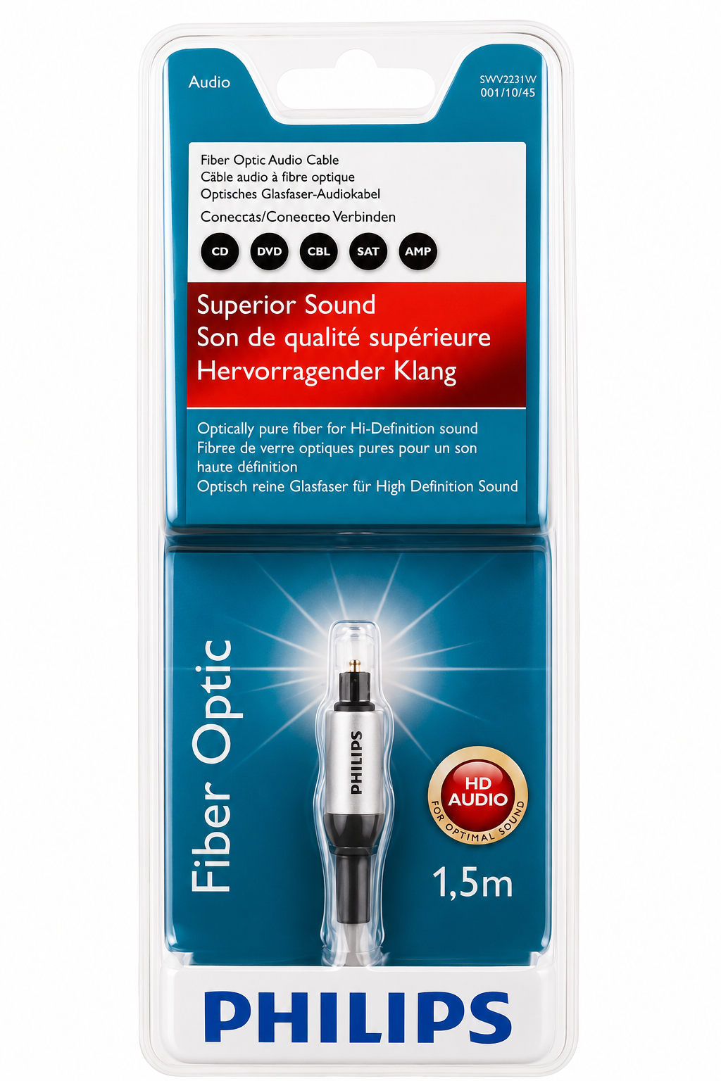 Şeffaf plastik ambalajında Philips 1,5m fiber optik ses kablosu.