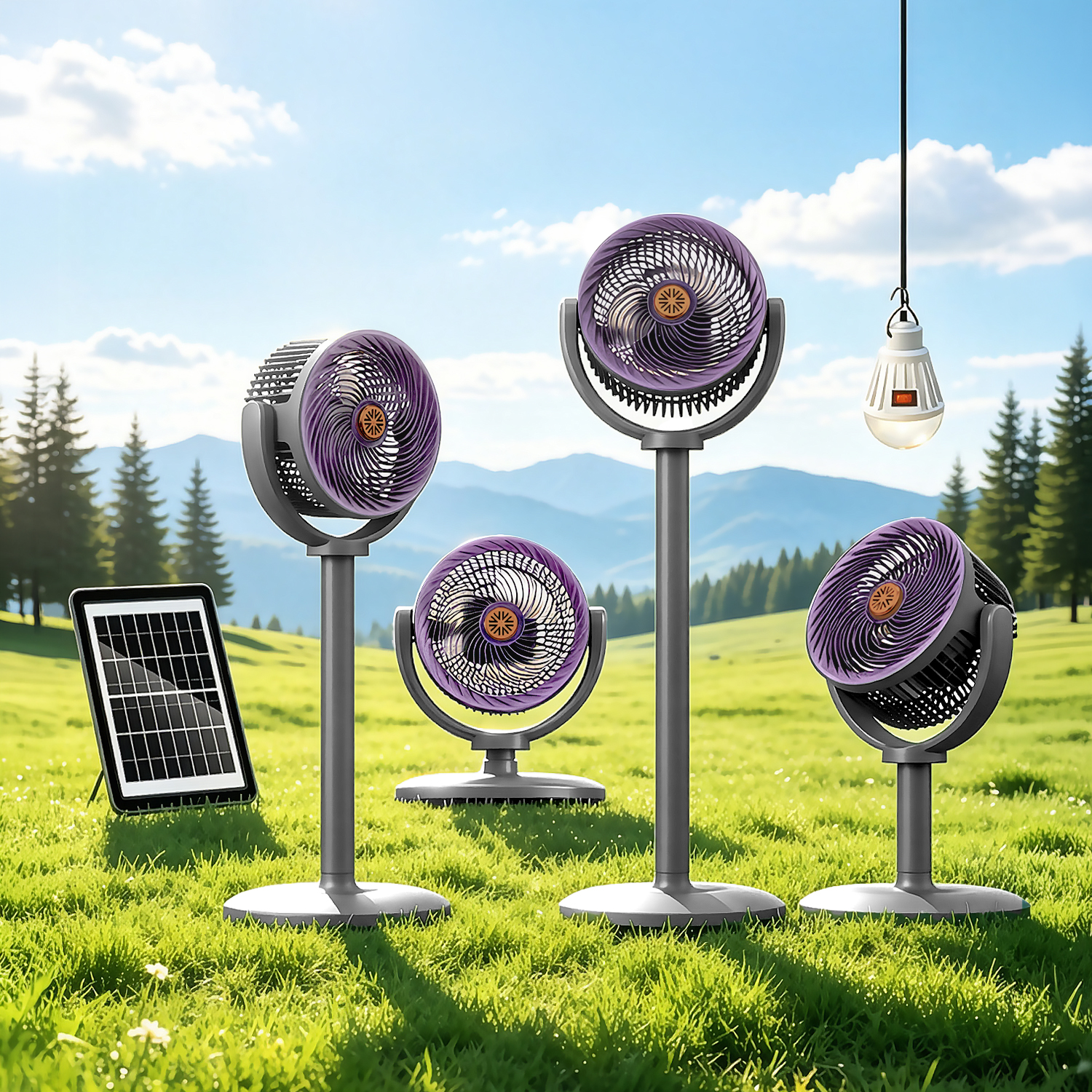 Cuatro ventiladores morados, un panel solar y una lámpara colgante en un prado verde con montañas al fondo.