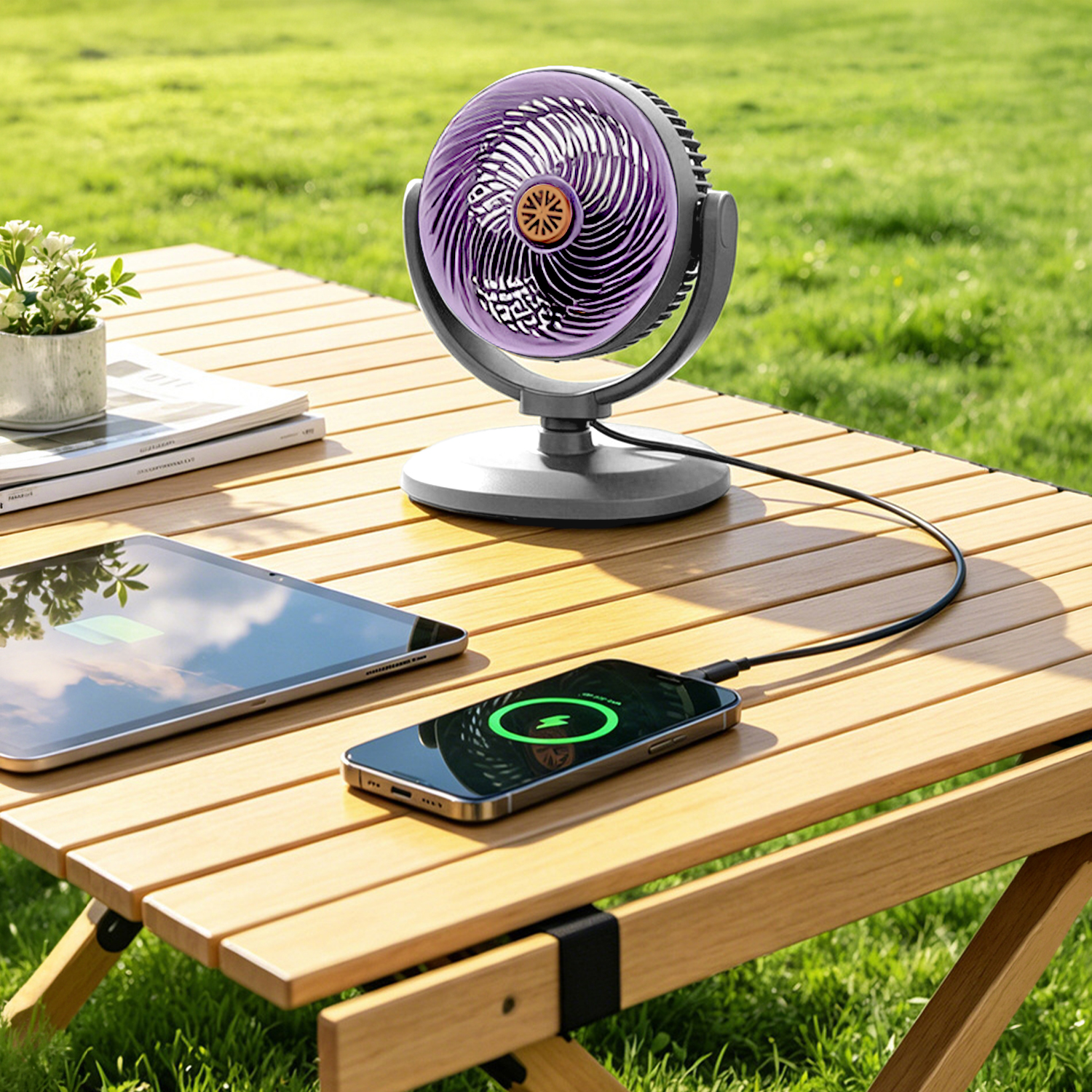 Un ventilador de escritorio morado, una tableta y un teléfono cargándose en una mesa de madera.
