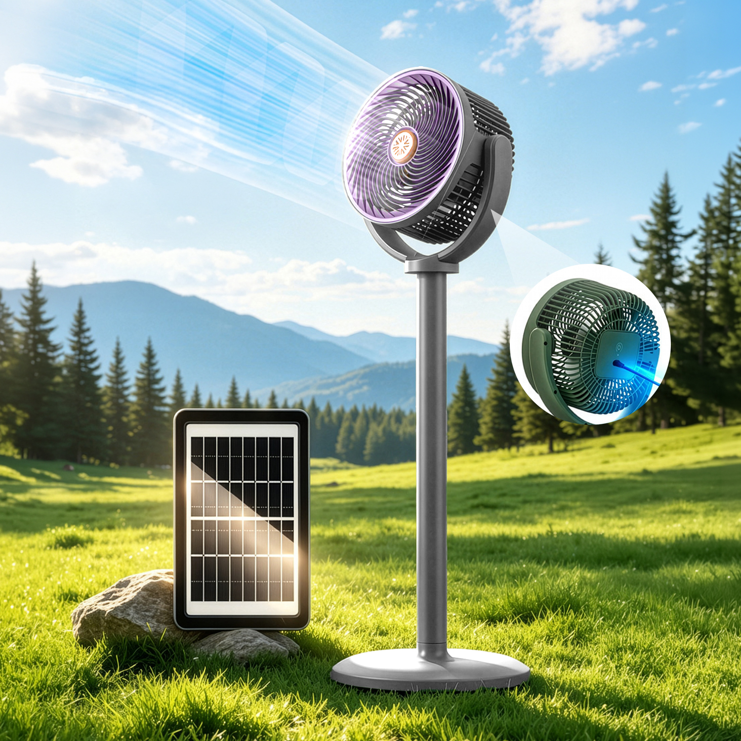 Un ventilador y panel solar en un campo verde y soleado con montañas y pinos al fondo.