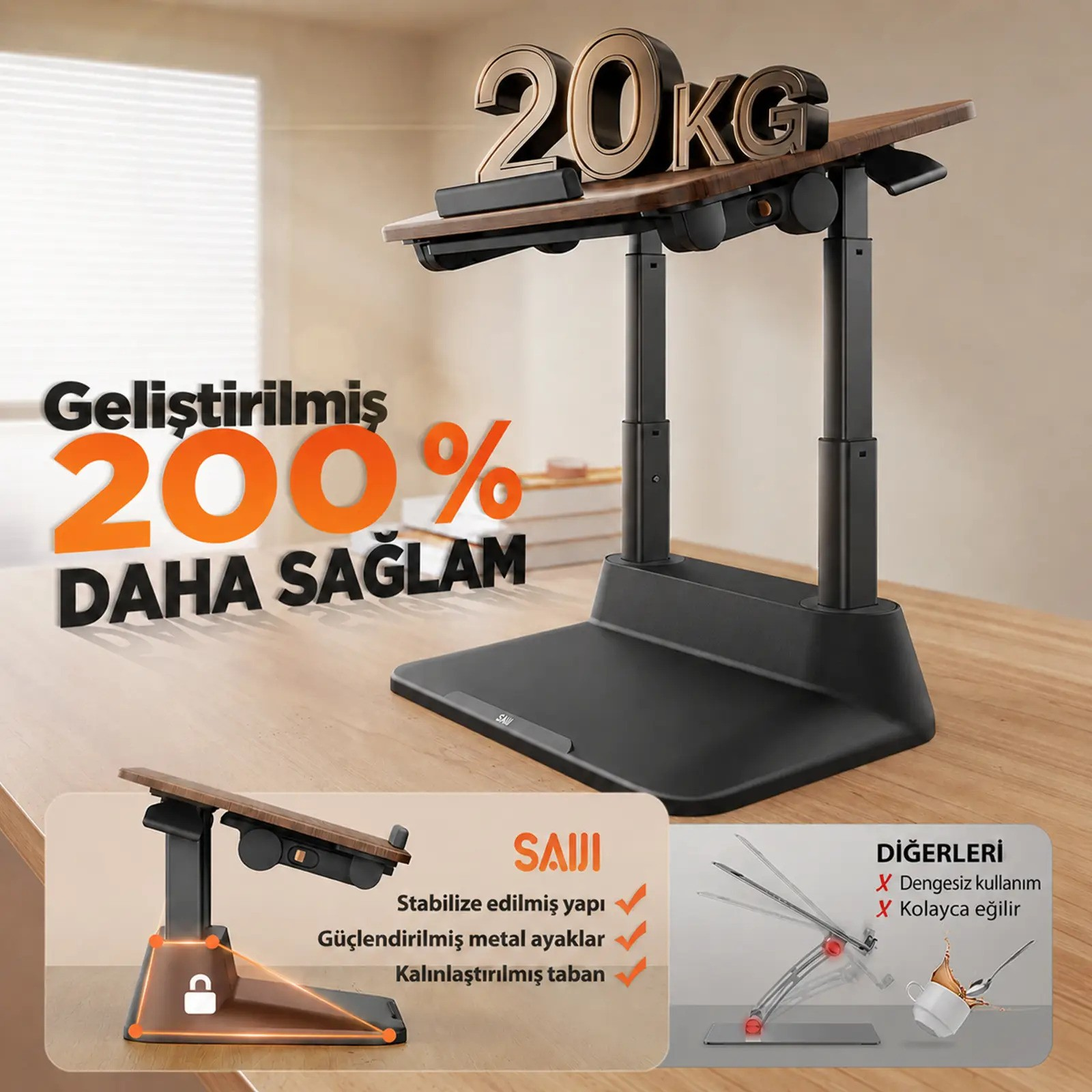 Üzerinde 20kg yazan, ahşap detaylı ayarlanabilir siyah dizüstü bilgisayar standı.