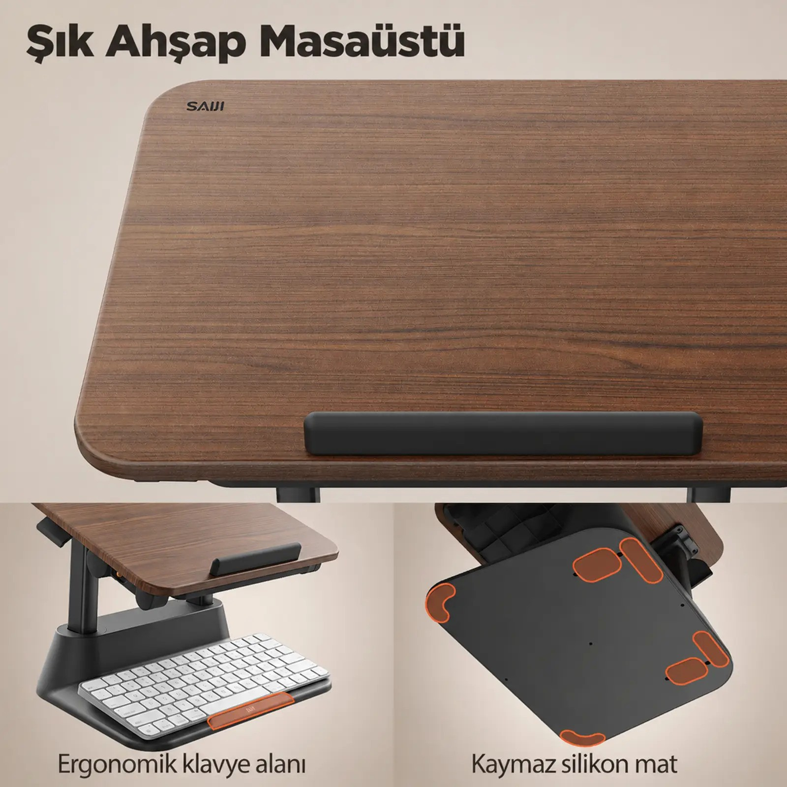 Ahşap görünümlü laptop standı, klavye alanı ve tabanda kaydırmaz silikon pedler.