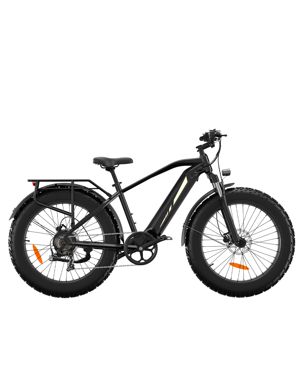 Ein schwarzes Elektrofahrrad mit dicken Reifen, Gepäckträger und Frontlicht vor weißem Hintergrund.