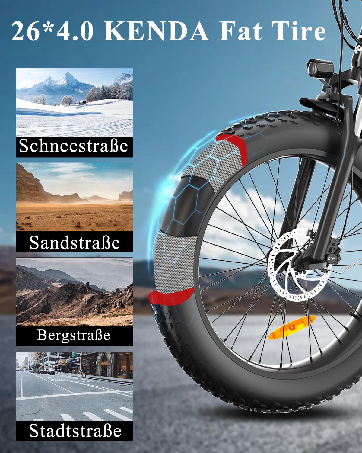 Ein breiter Fahrradreifen mit Inlays für Schnee, Sand, Berge und Stadt.