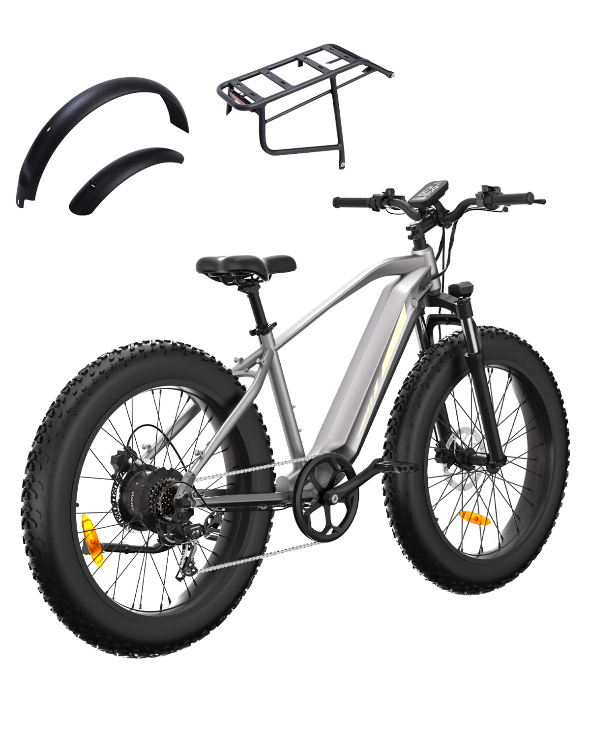 Graues E-Bike mit dicken Reifen, Schutzblechen und Gepäckträger auf weißem Hintergrund.